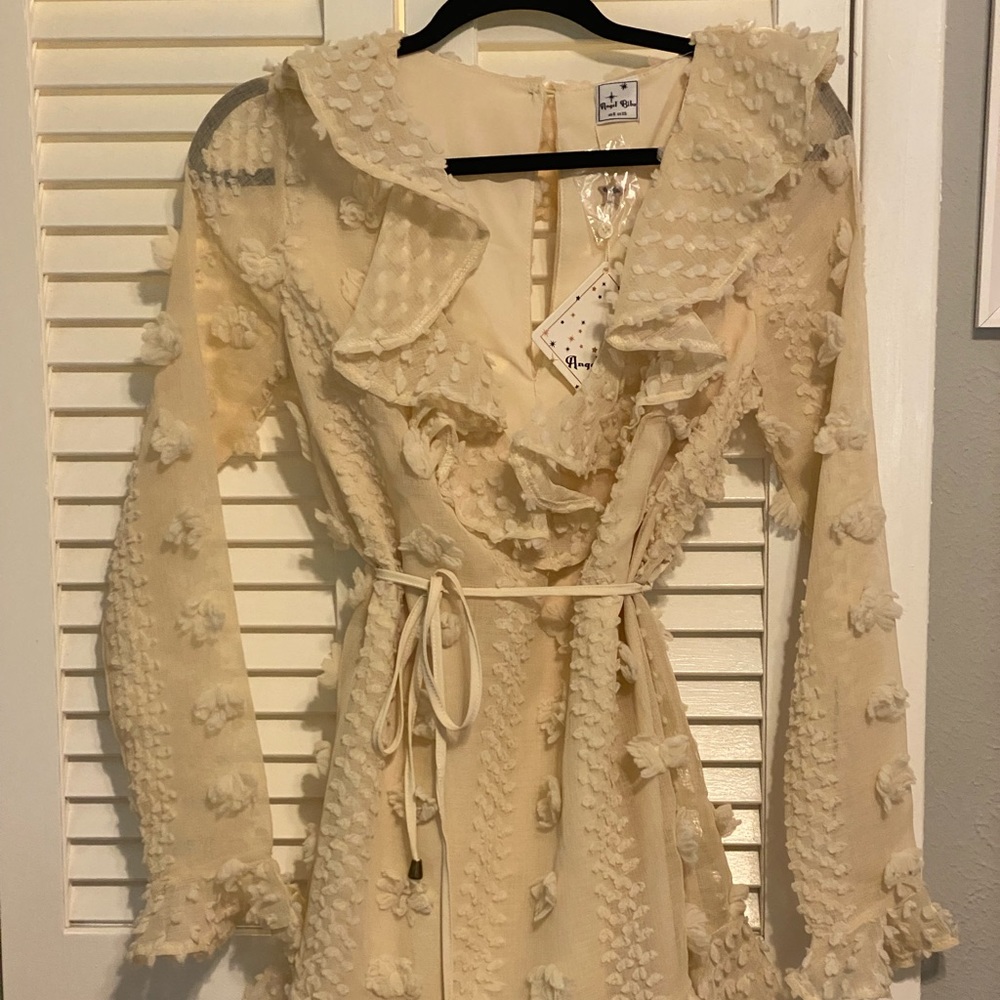 Cream with floral appliqué tie dress